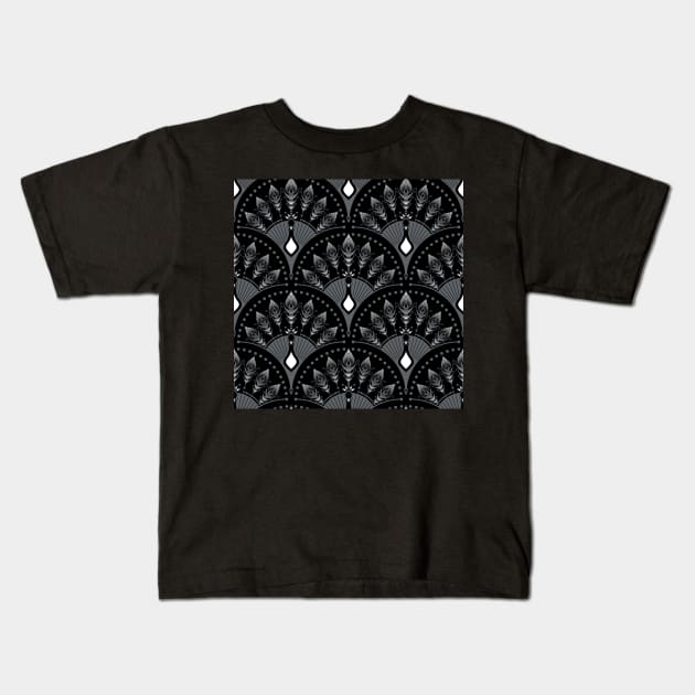 Black and White Peacock Scales Kids T-Shirt by Carolina Díaz
